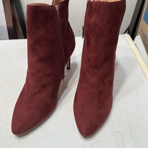 Express Wine Suede Pointed-Toe Ankle Booties with Side Zipper